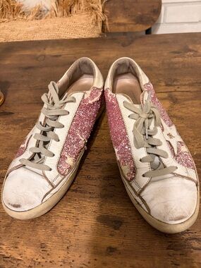Golden Goose White Leather Sneakers with Pink Glitter Panels
